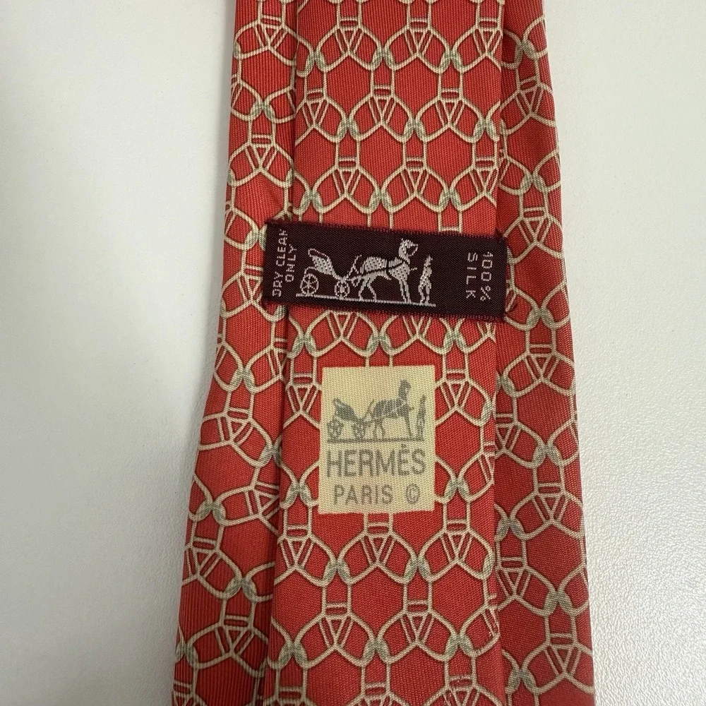 Hermes Men's Tie Geometric Chain Links Red & Khaki Silk 7075 OA 3
